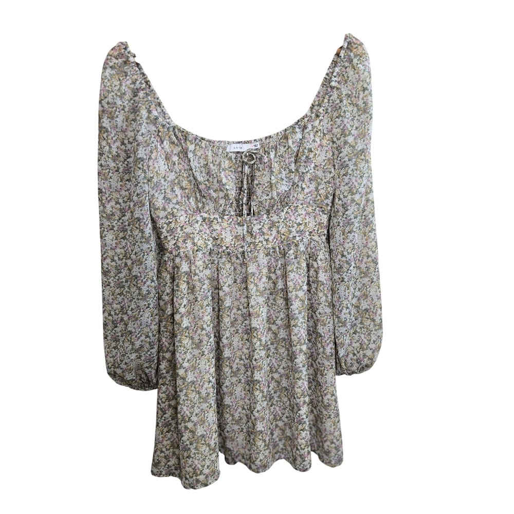 LUSH Floral Print Square Neck Smocked Bodice‎ Long Sleeve Mini Dress Size Small
